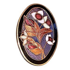 Oval Cloisonne Pin Brooch Vintage Floral Leaves Nature